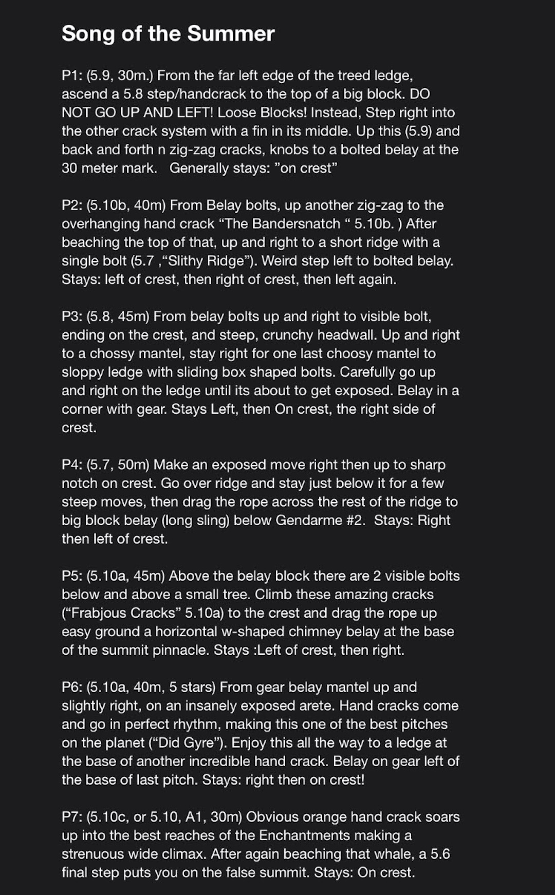Pitch-by-pitch description of Song of the Summer (700’, 7 pitches, III 5.10c) on Jabberwocky Tower.