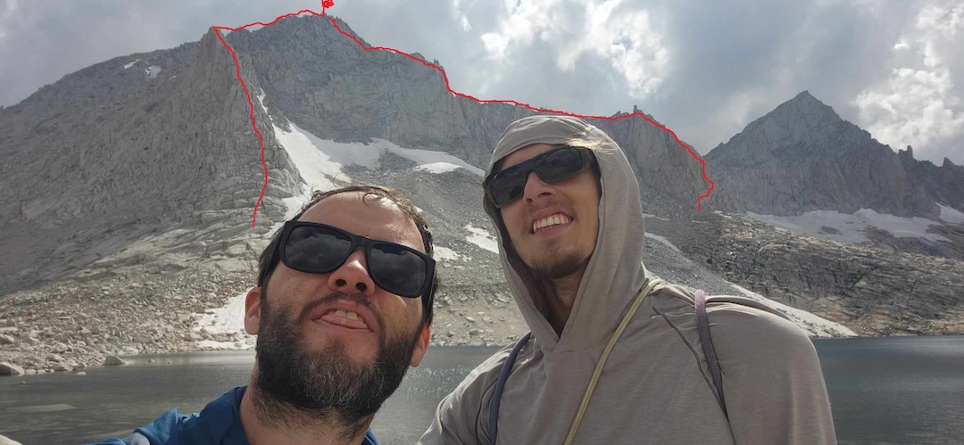 Matt Carpenter (left) and Matt O’Brien after finishing the first ascents of the North Ridge Direct (1,500’, 6 pitches, III 5.10), on the right, and East Pinnacle (1,500’, 9 pitches, III 5.9), on the left. 