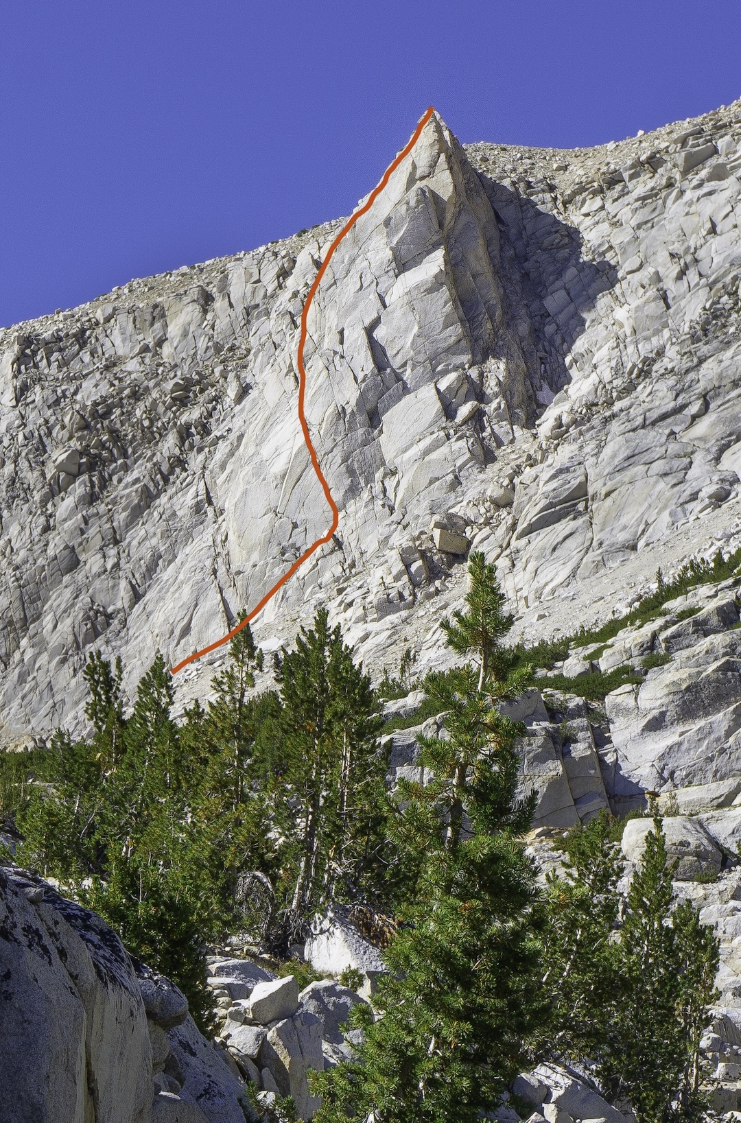 Disco Scouts (625’, 6 pitches, 5.11a), the first known route on Moonrise Spire, Granite Park area, Sierra Nevada, California. 