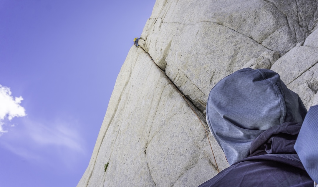 Zach Lovell on the crux third pitch (5.11a) of Disco Scouts on Moonrise Spire.