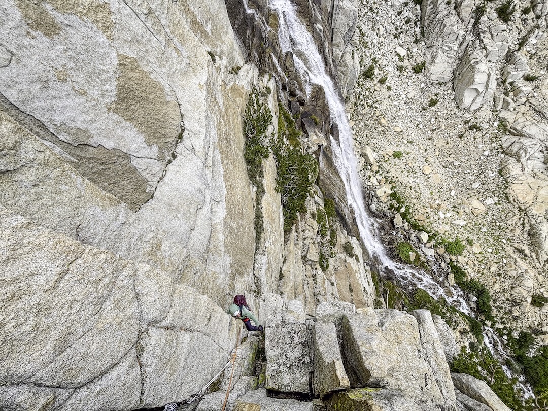 Mike Hathorn on Meet Your Shower (1,000’, 8 pitches, 5.10a), the first route up a south-southeast facing wall on the flanks of Merriam Peak in French Canyon.