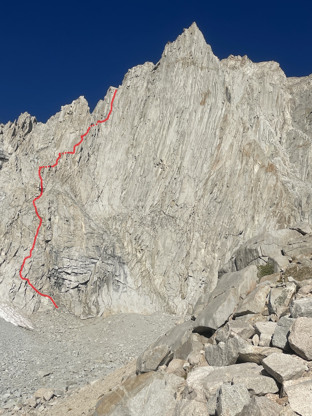 The East Rib (1,500’, 5.10a) on the east peak of Mt. Barnard. The East Pillar route (Auger-Rowell, 1972) climbs almost directly to the prominent spire. See AAJ 2015 for other route lines.