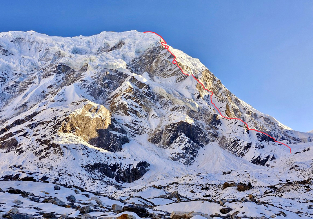 The north spur of Linkhu Chuli II (6,659m). The far right skyline is the original route up the west-northwest ridge. 