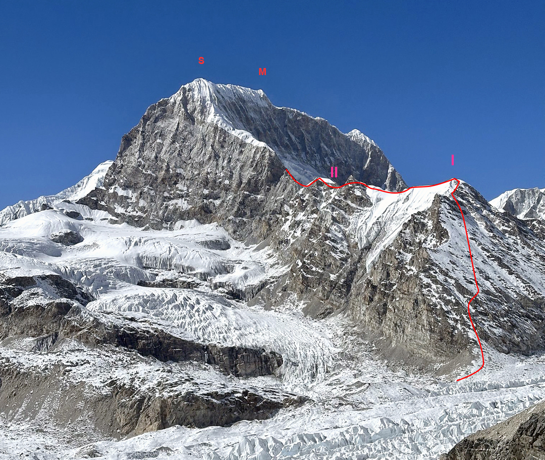 Takargo from the southeast, seen across the Drolambo Glacier. (A) Takargo South and (B) Takargo Main, showing the attempt on the east ridge integral via the east face of Takargo East. (I) the first bivouac very close to the summit of Takargo East and (II) the second bivouac.