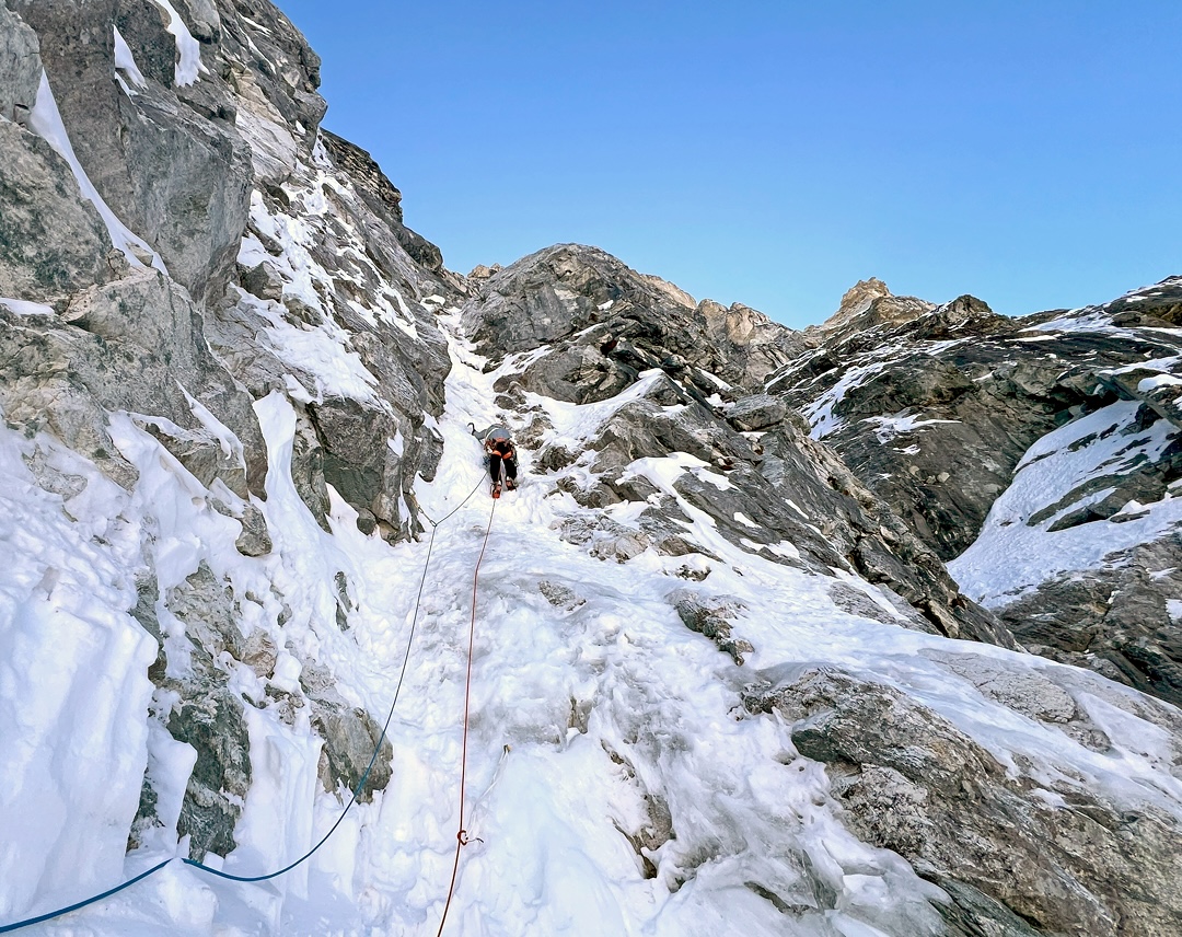 Antoine Rolle on the lower part of the north face of Langdak during the first ascent of Bande Organisée.