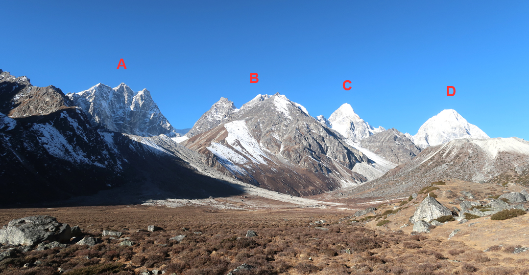 Looking west from the Chhule Valley at (A) Langdak (with the north face pointing toward camera), (B) unnamed tops from 5,500m–5,900m, (C) Drangnag Ri, and (D) Ripimo Shar.