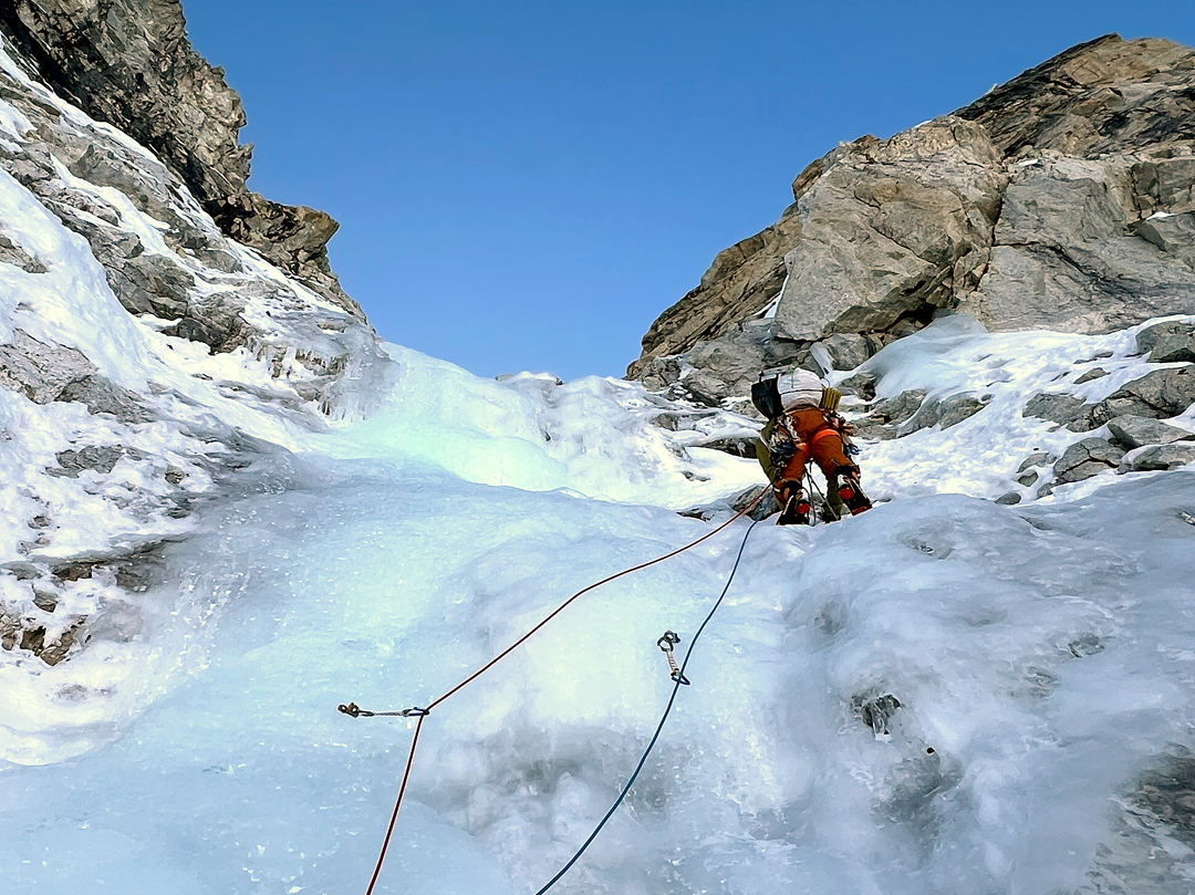 Mathieu Stephan in the upper section of the north face of Langdak during the first ascent of Bande Organisée.