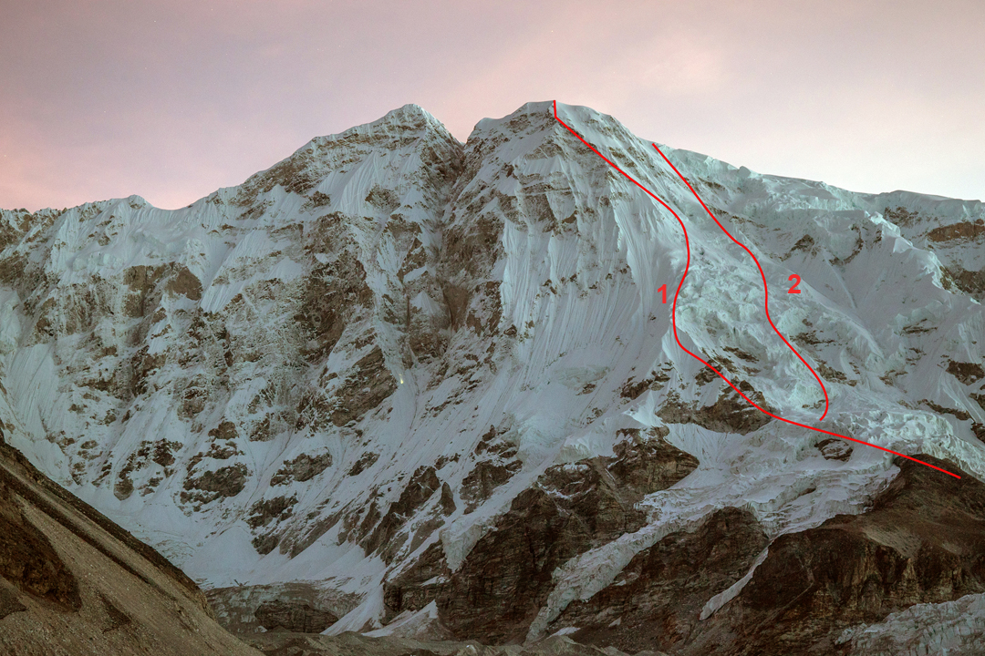 (1) The south ridge of Nangpai Gosum I, climbed (not to summit) in 2006 by a Japanese-Nepalese expedition. (2) Approximate line taken by the 2024 expedition to the plateau and south-southwest ridge of Cho Oyu. 