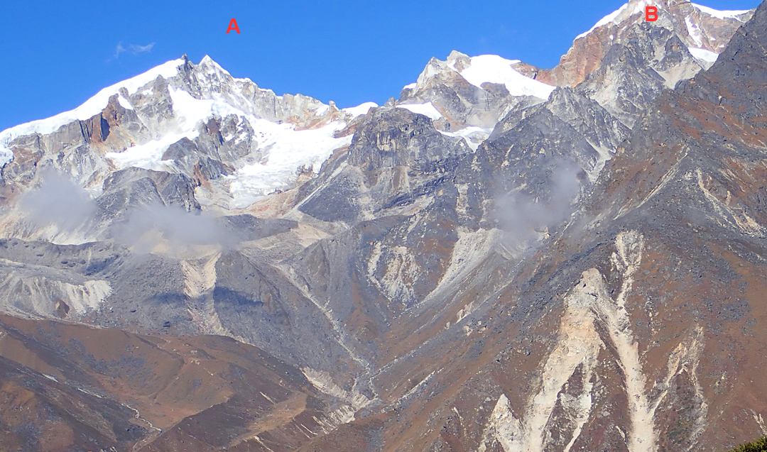 (A) Sharphu III. The main summit is on the right; to the left is the foresummit with rock tower. The 2024 Korean expedition followed the left skyline ridge. (B) Sharphu V. 