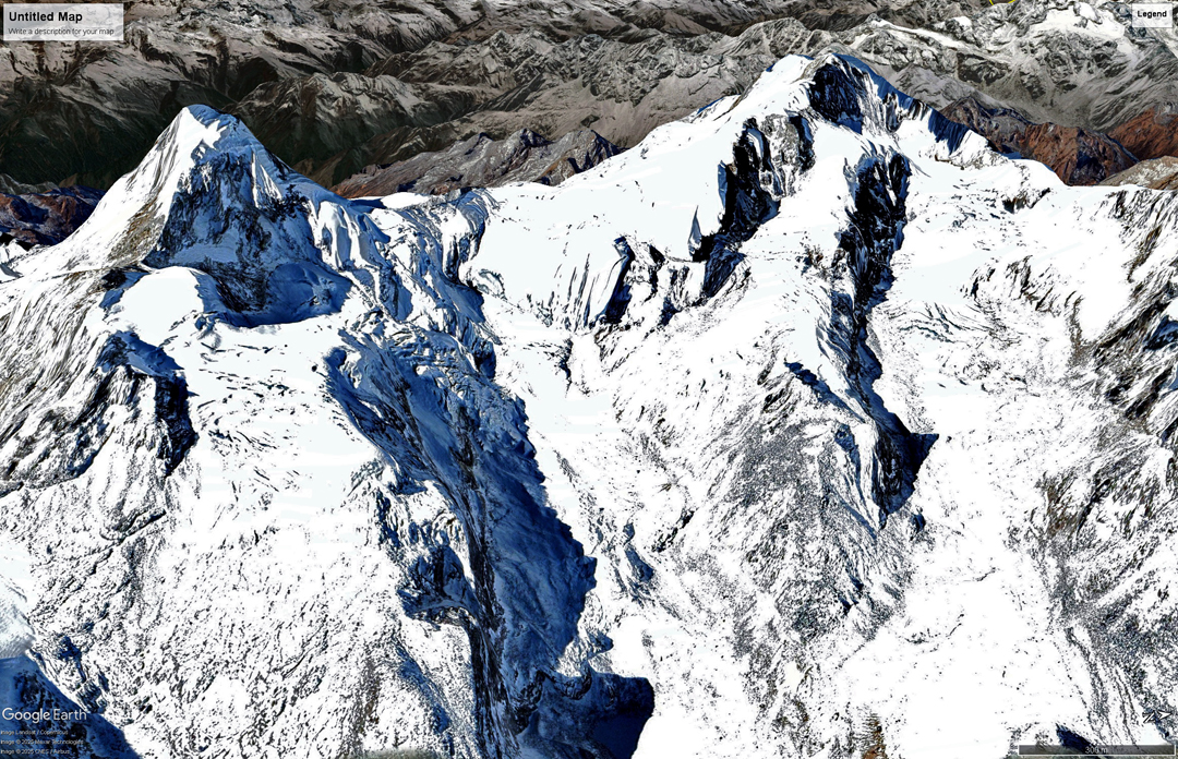 Seen from the east-southeast, Sato Peak (left) and Sharphu III.