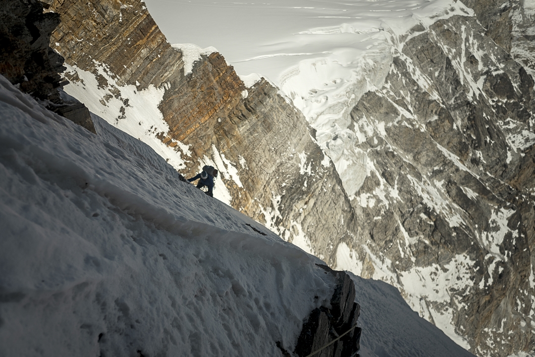 The couloir in the middle of the northeast face of Pandra, on day two of the 2024 climb.