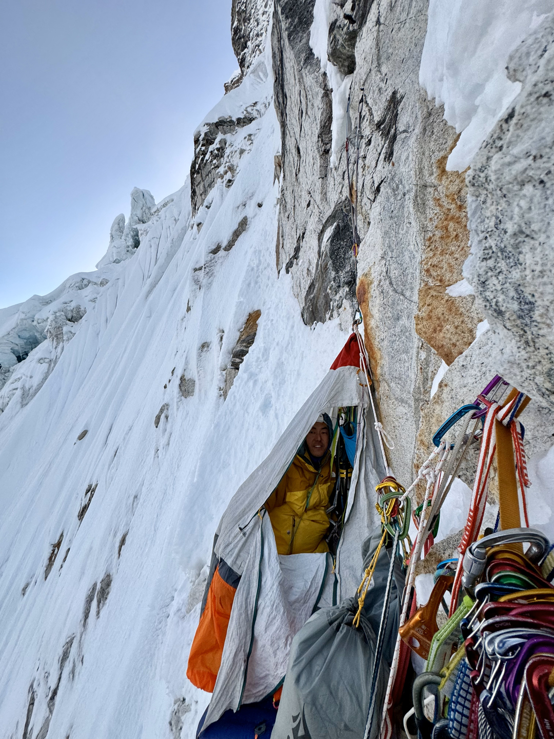 Hiroki Yamamoto at the second G7 Pod bivouac on Phole on the morning of October 29.