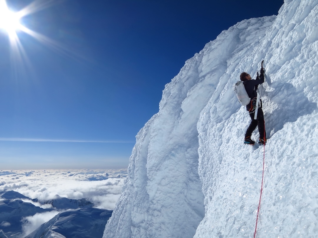 Just beneath the summit of Mt. Russell, Sam Hennessey (pictured) and Mark Westman encountered a near-vertical wall of rime ice.