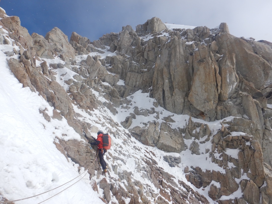 A rare section of rock and mixed terrain along the Kahiltna Ridge. Most of the traverse involved snow and ice climbing.
