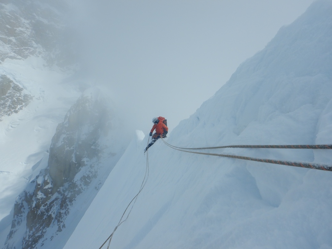 Tora making a rappel on the Kahiltna Peaks, en route to the Cassin Ridge.
