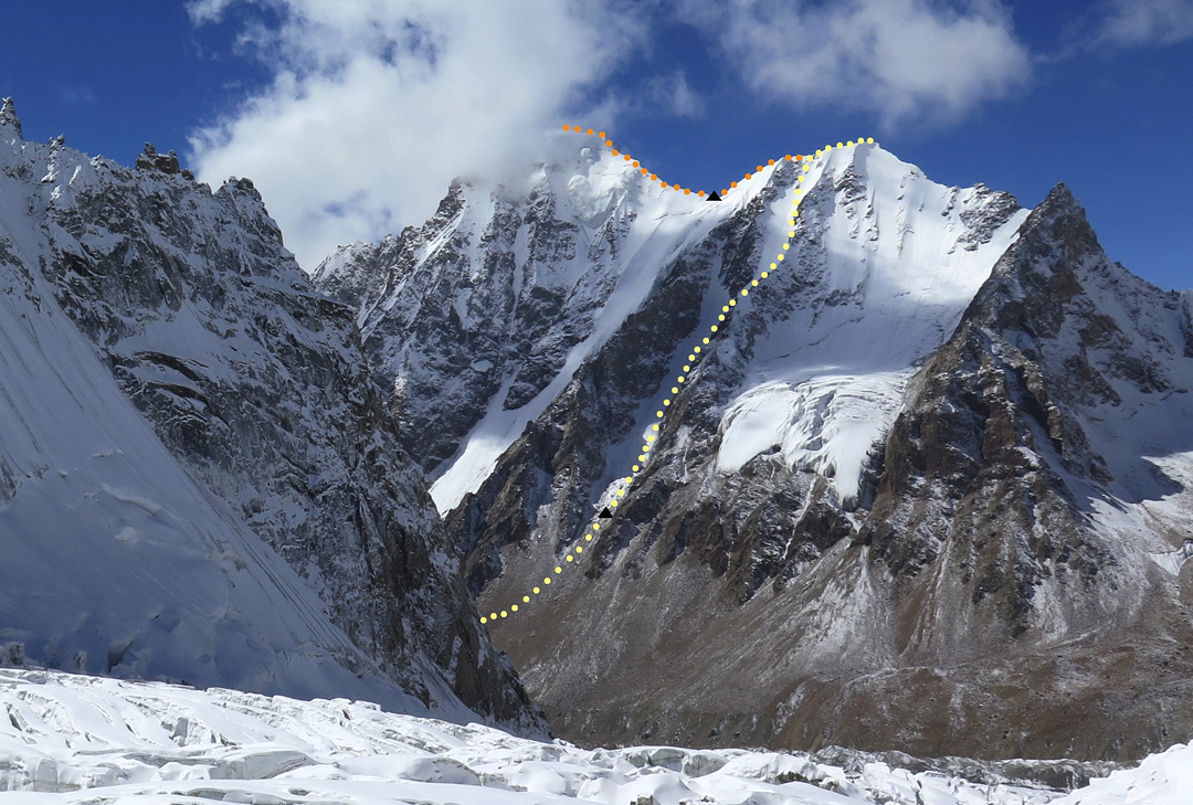 The route to Nasser Baig II (right) and continuation to Naseer Baig I (ca 6,100m). Bivouac sites marked.  