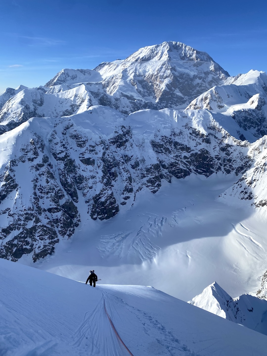 Cody Winckler coming up to the cornice bivy atop the north buttress of Begguya, around hour 39 on the successful push.