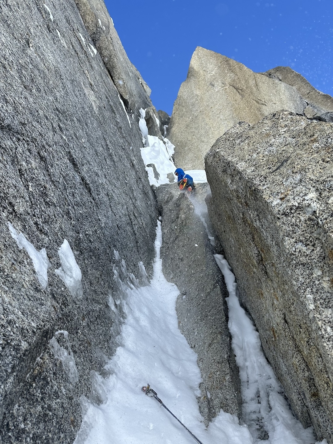 Dane Steadman on the second of the crux “Shroom Tube” pitches on the first attempt on In the Shadow of the Wall. 