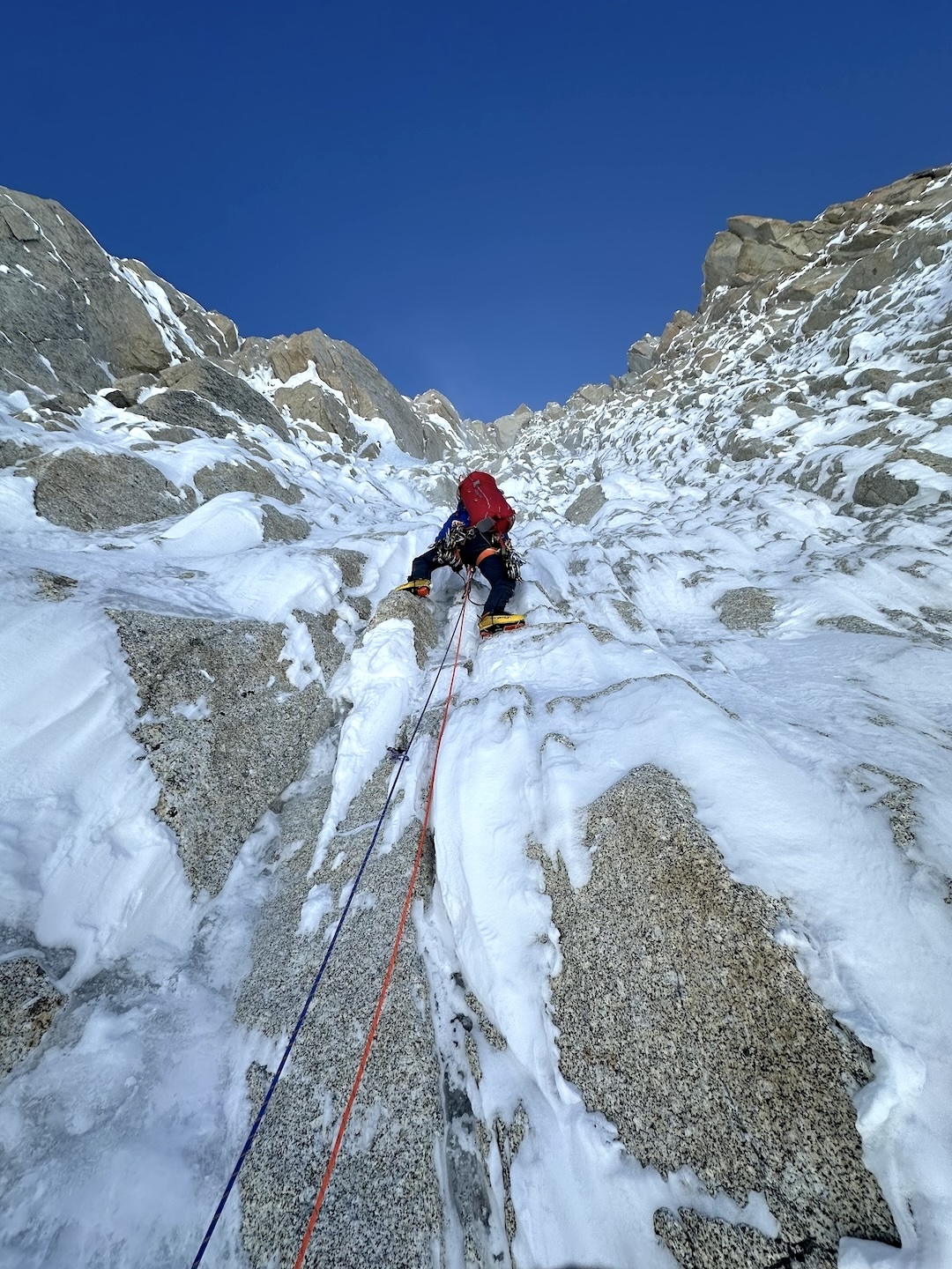 Dane Steadman climbing on the upper headwall of the French Route on the north buttress of Begguya.