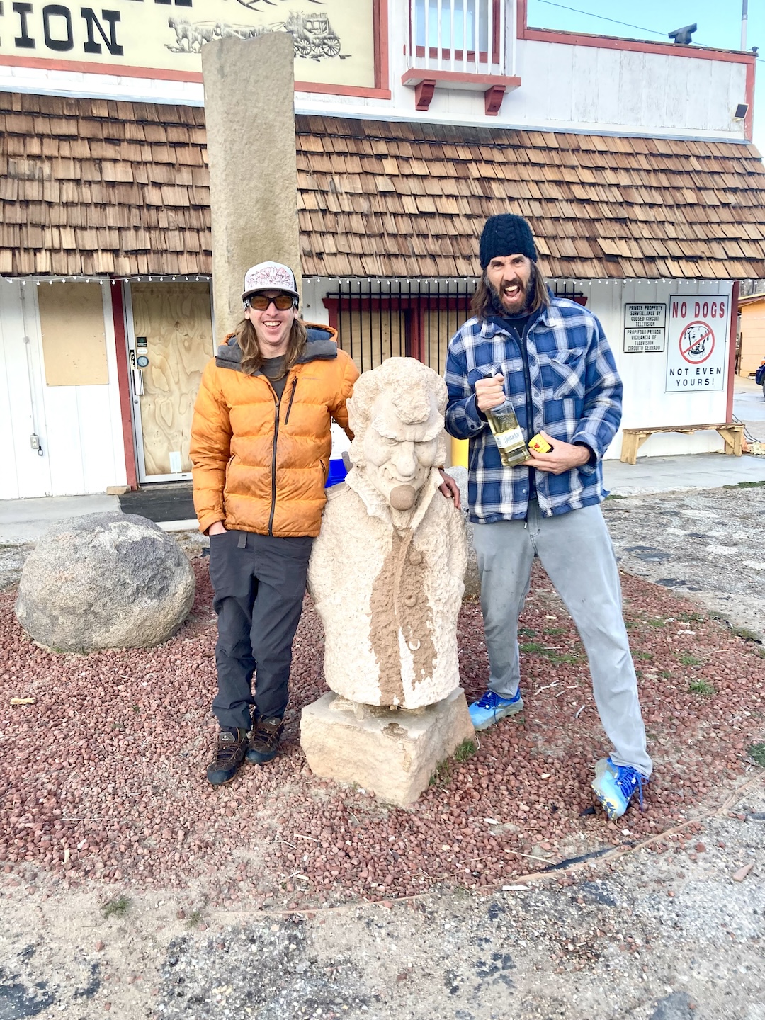 Chase Leary (left) and Andy Puhvel ask Warren “Batso” Harding for his blessing outside the Mill Creek Station museum in Bishop. 