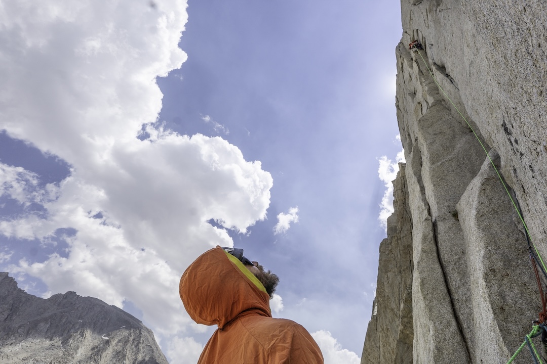Japhy Dhungana leading a pitch of Stupa Troopers (900’, 5.12c), the second route that he, Zach Lovell, and Rainbow Weinstock climbed on a formation they named the Sky Blue Diamond. 