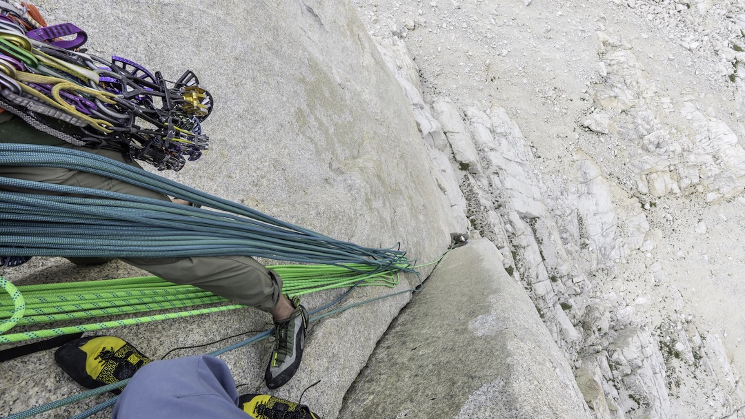 Japhy Dhungana following a pitch on Altared State (900’, 5.12a) on Sky Blue Diamond. 
