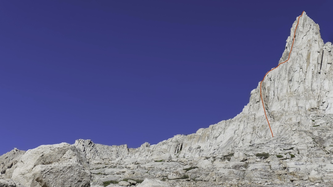 Sapphire Crack (700’, 5.11d) on Sky Blue Spire, Sky Blue Lake drainage (Miter Basin), Sierra Nevada, California. 