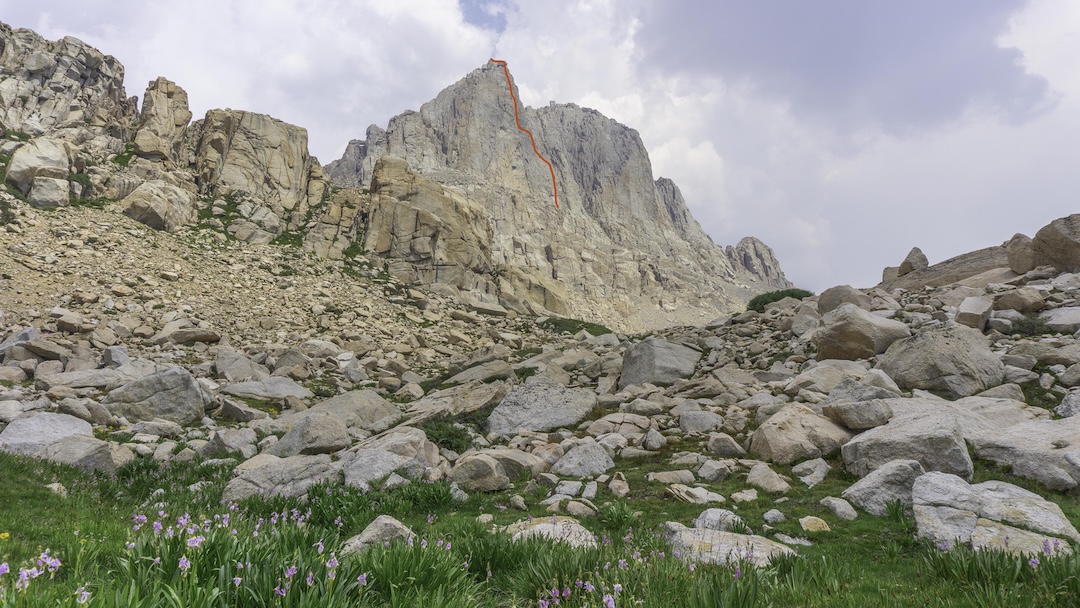 The Pen is Miter than the Sword (600’, 5.10) on the Miter, Sky Blue Lake drainage (Miter Basin), Sierra Nevada, California. 
