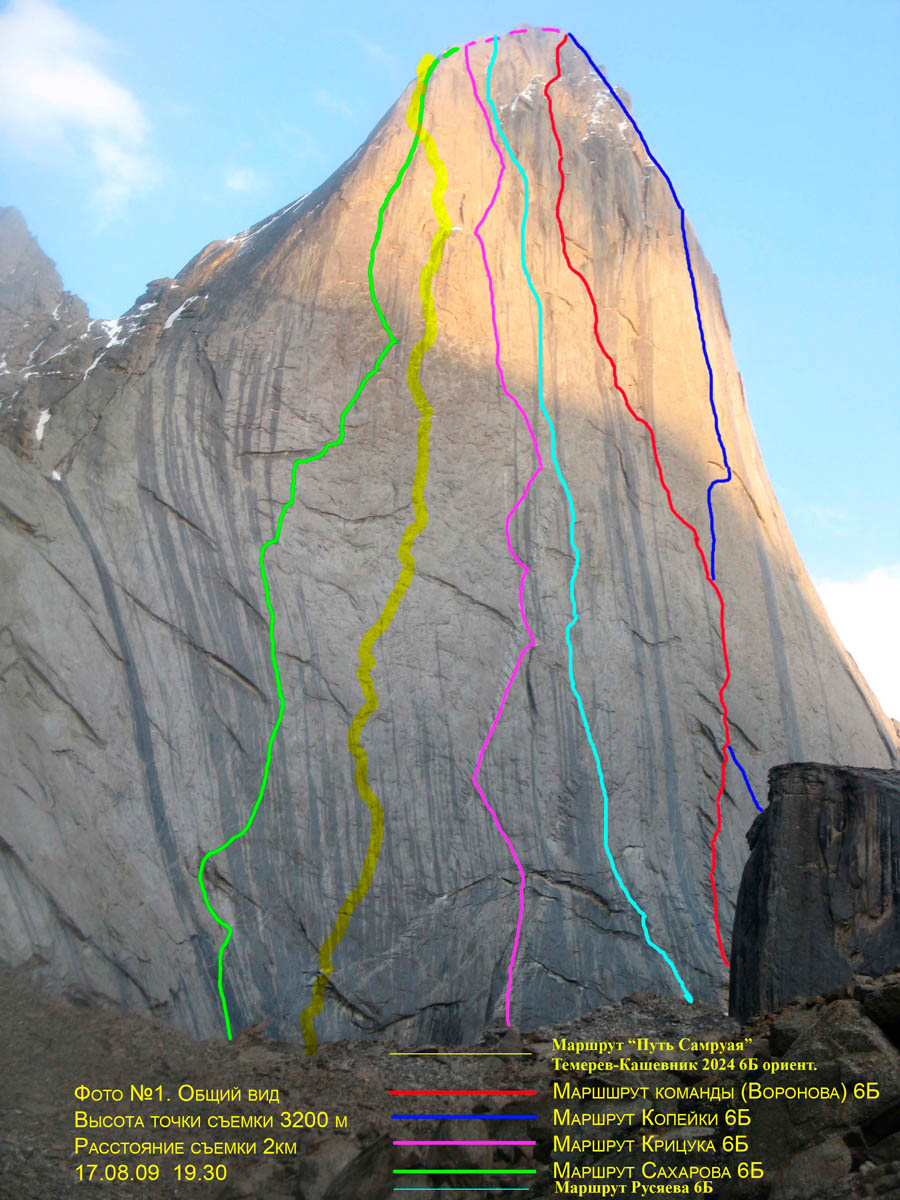 Camera height: 3200 m.
Distance to wall: 2 km.
Date: 17.08.09, 19:30.

G. Sakharov Route (6B).

Y. “Way of the Samurai” Route.
Temerev–Kashevnik, 2024, 6B grade (estimated).
V. Krichuk Route (6B).

A. Rusjaev Route.

R. Voronov Route.

B. Kopeyka Route (6B).
