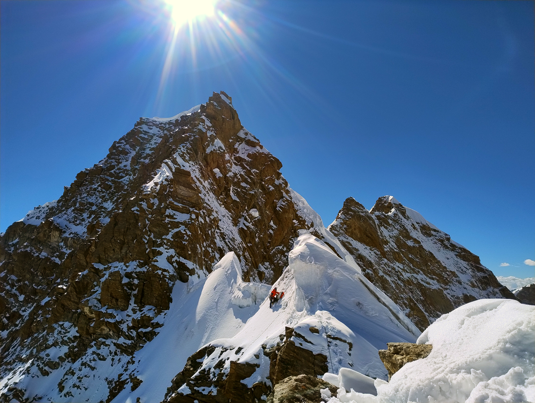 Anja Petek on the east ridge of Lalung I during the first known ascent of the peak.