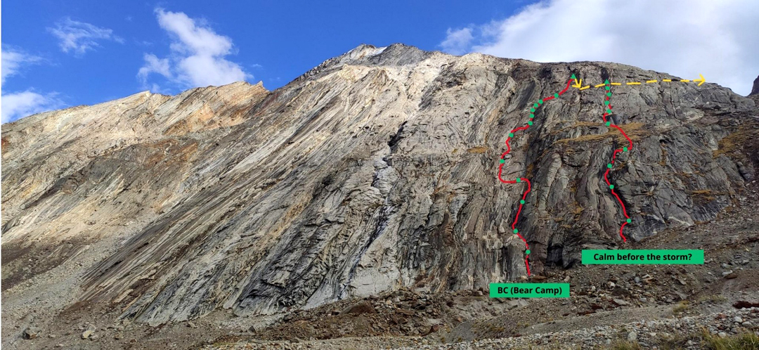 The right side of the north-northwest face of Peak 5,332m and the routes Bear Camp and Calm Before the Storm? Two prior routes ascended this face near the center of the photo: Mahalaya (2017, farthest left) and Connection (2024).