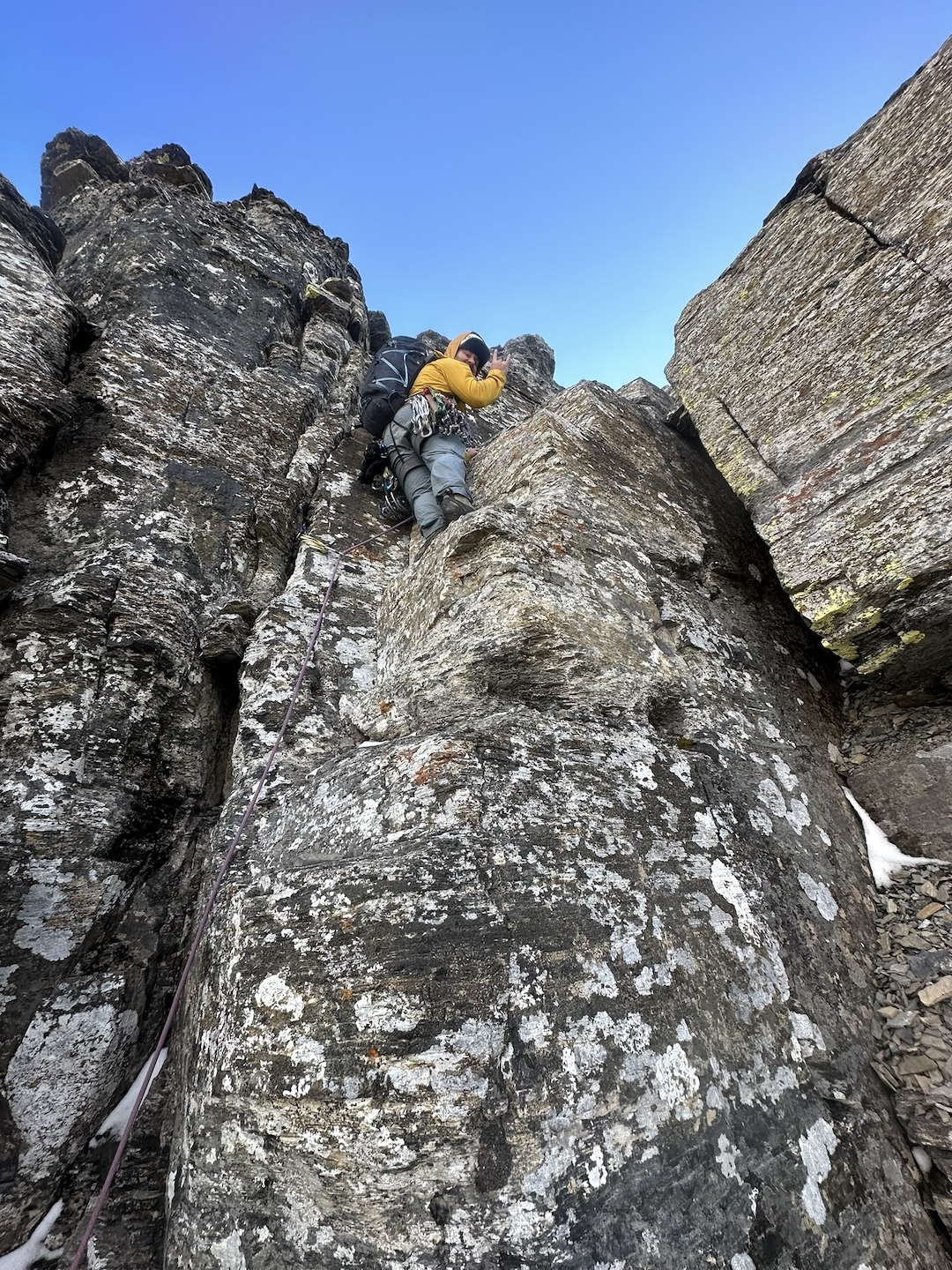Loaded for Bear (IV 5.8) on north face of Flinsch Peak, from Oldman Lake, in Glacier National Park, Montana. 