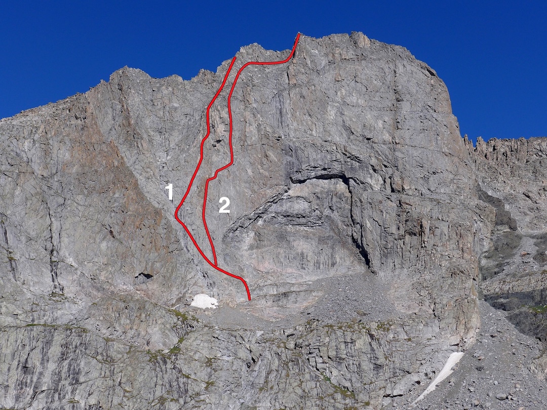 The east face of Hallelujah (Peak 12,594’), showing (1) Grand Delusion (2015) and (2) Yes Lawd (2024). 