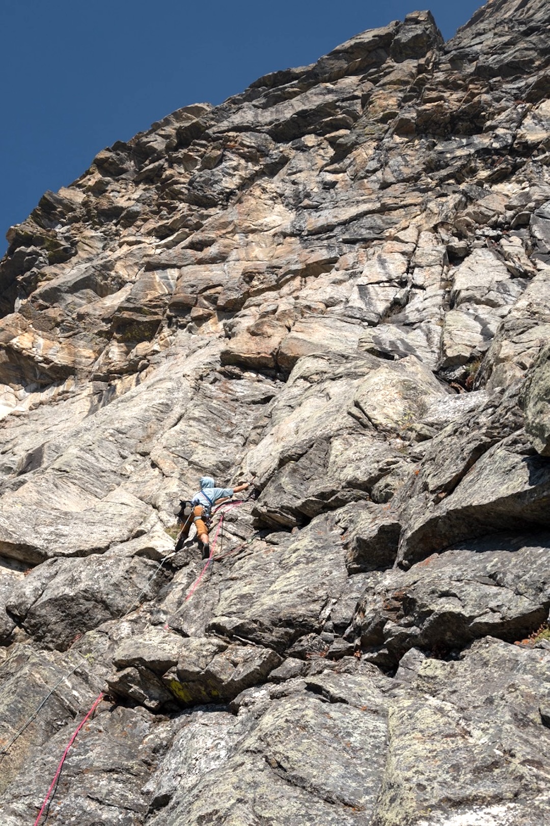 Brandon Wanthal leading pitch four on the first ascent of Chilly Dogs. 
