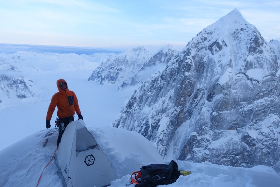 Tom Livingstone at the bivy at the end of day three on the south face of Mt. Dickey.