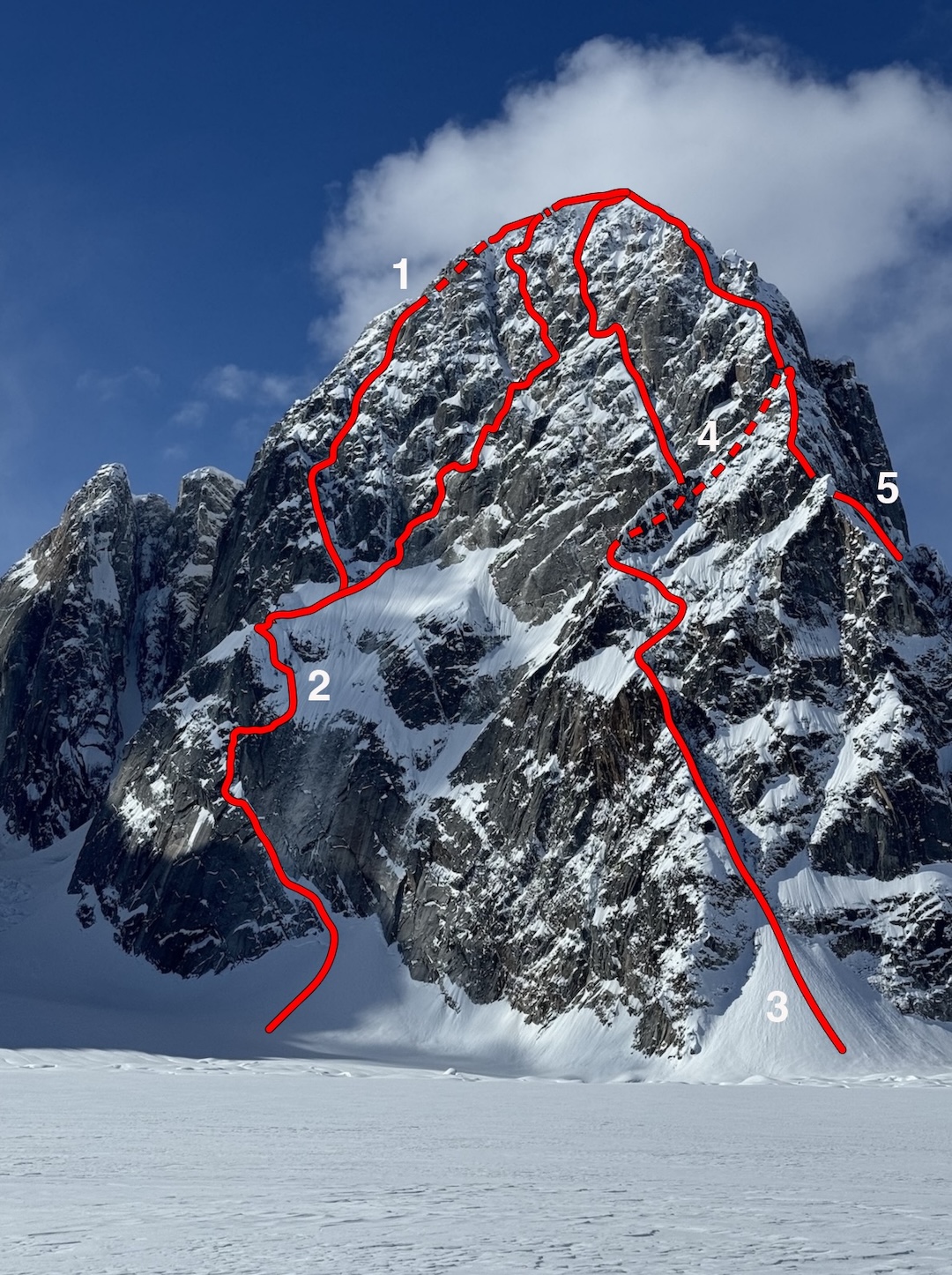 The southeast face of Mt. Bradley, showing the lines of (1) Vitalogy (Allen-Zimmerman, 2010), (2) Sports (Spitulnik-Telstad, 2024), (3) Season of the Sun (Ichimura-Sato-Yamada, 2007), (4) Frieh-Johnson variation (2010), and (5) East Buttress (Jochler=Orgler, 1987).