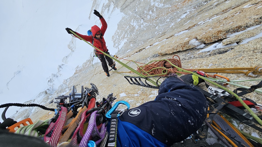 Paweł Hałdaś ascending a fixed line during a day of shuttling gear from Camp 1 to Camp 2 on Mooses Tooth.