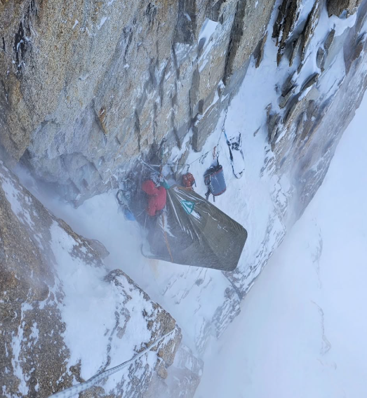 Portaledge camp on the south face of Mooses Tooth during the first ascent of Cold Wars.