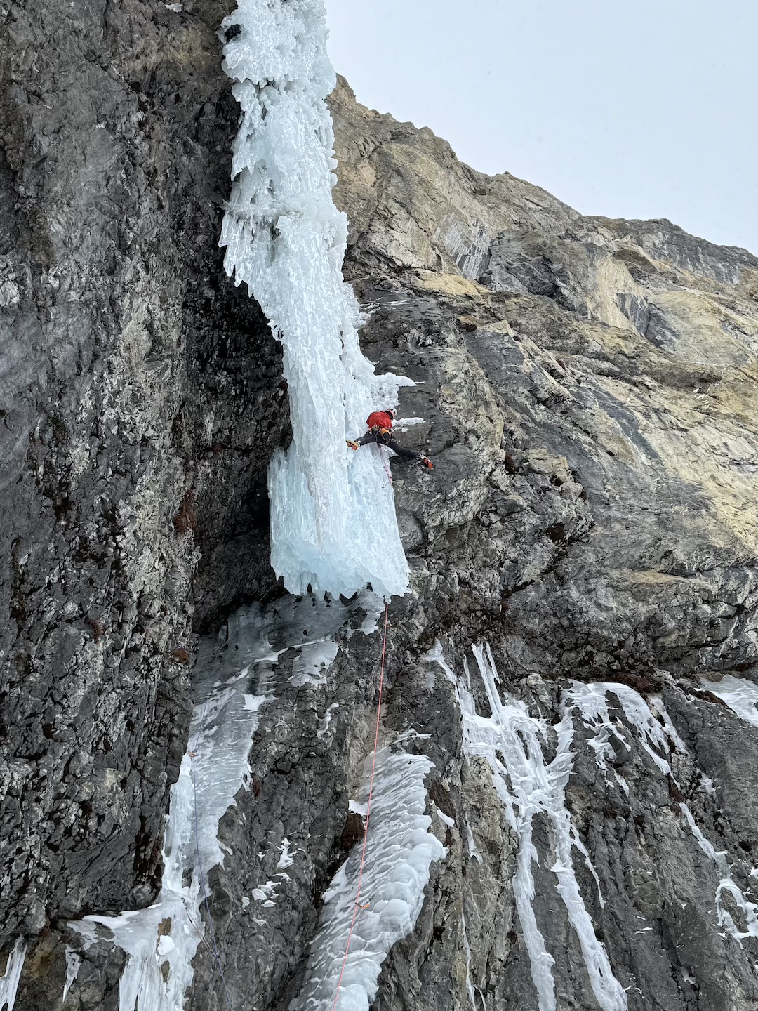 Ethan Berkeland on the WI6 M7 crux pitch of Peavine Palace, dubbed the Dangler.