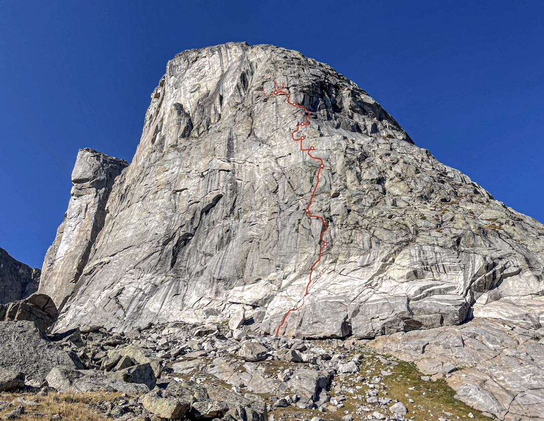 Moonrise Kingdom (800’, 8 pitches, 5.11- C1) on the Sunset Wall, Cirque of the Moon, Wind River Range, Wyoming. The ascent ended below the summit, and the climbers estimated perhaps three more pitches would be required to reach the top.