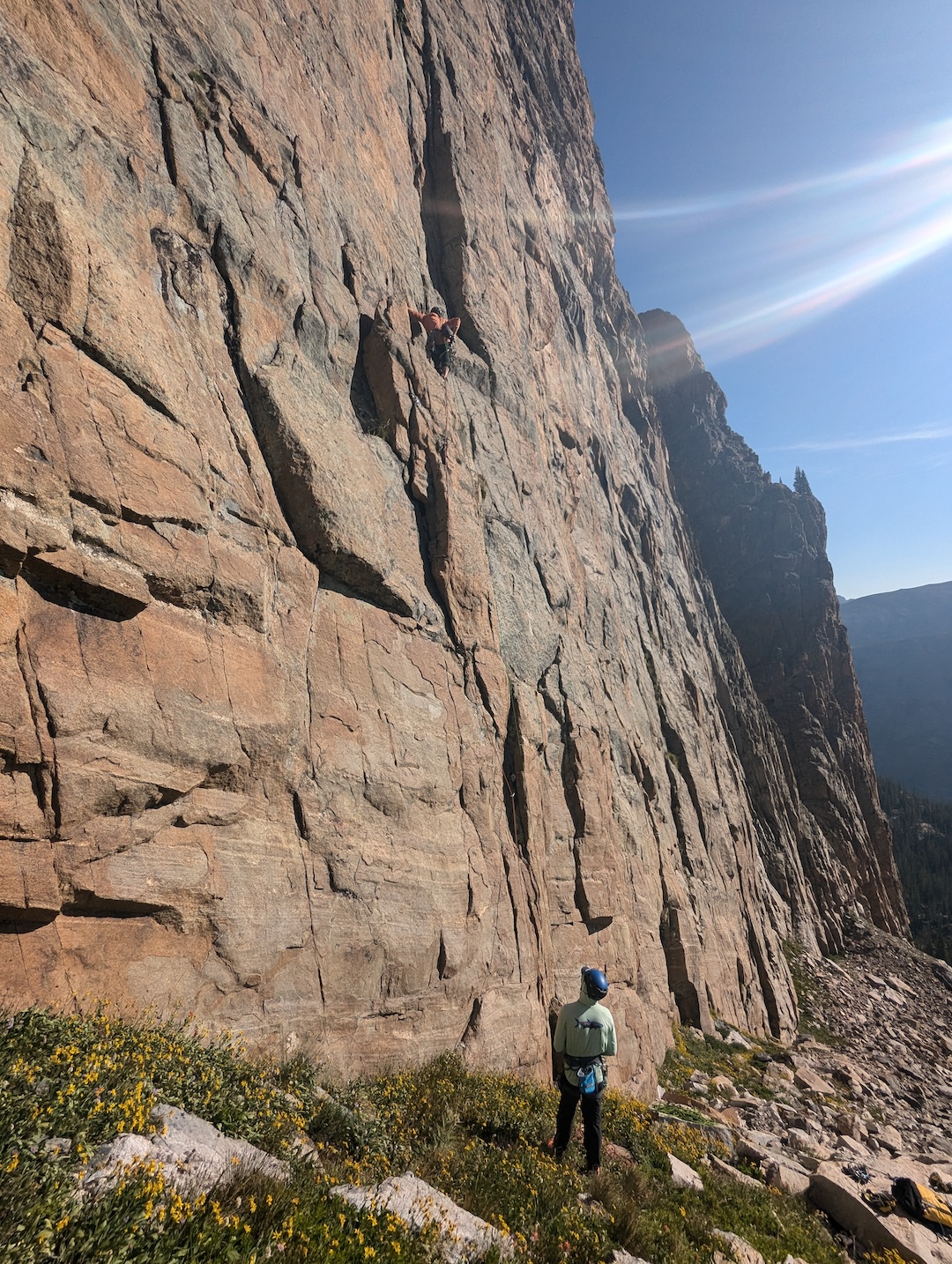 Michael LaDue going ground-up on the clean corners of the first pitch of Fifth Element (700’, 5 pitches, 5.11- R), Tower 5, Ptarmigan Towers, Rocky Mountain National Park Colorado.  	