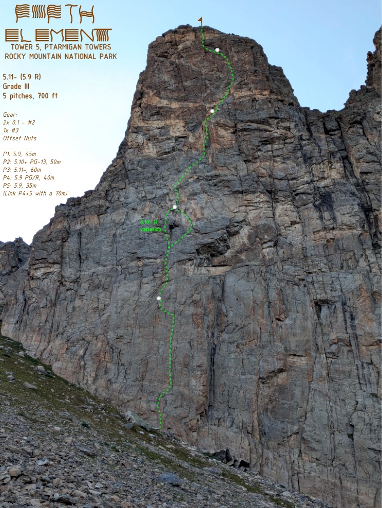 Photo-topo of the route Fifth Element on Tower 5 of the Ptarmigan Towers. 