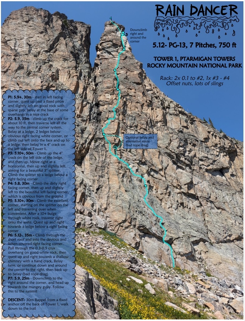 Photo-topo of the route Rain Dancer on Tower 1 of the Ptarmigan Towers. 