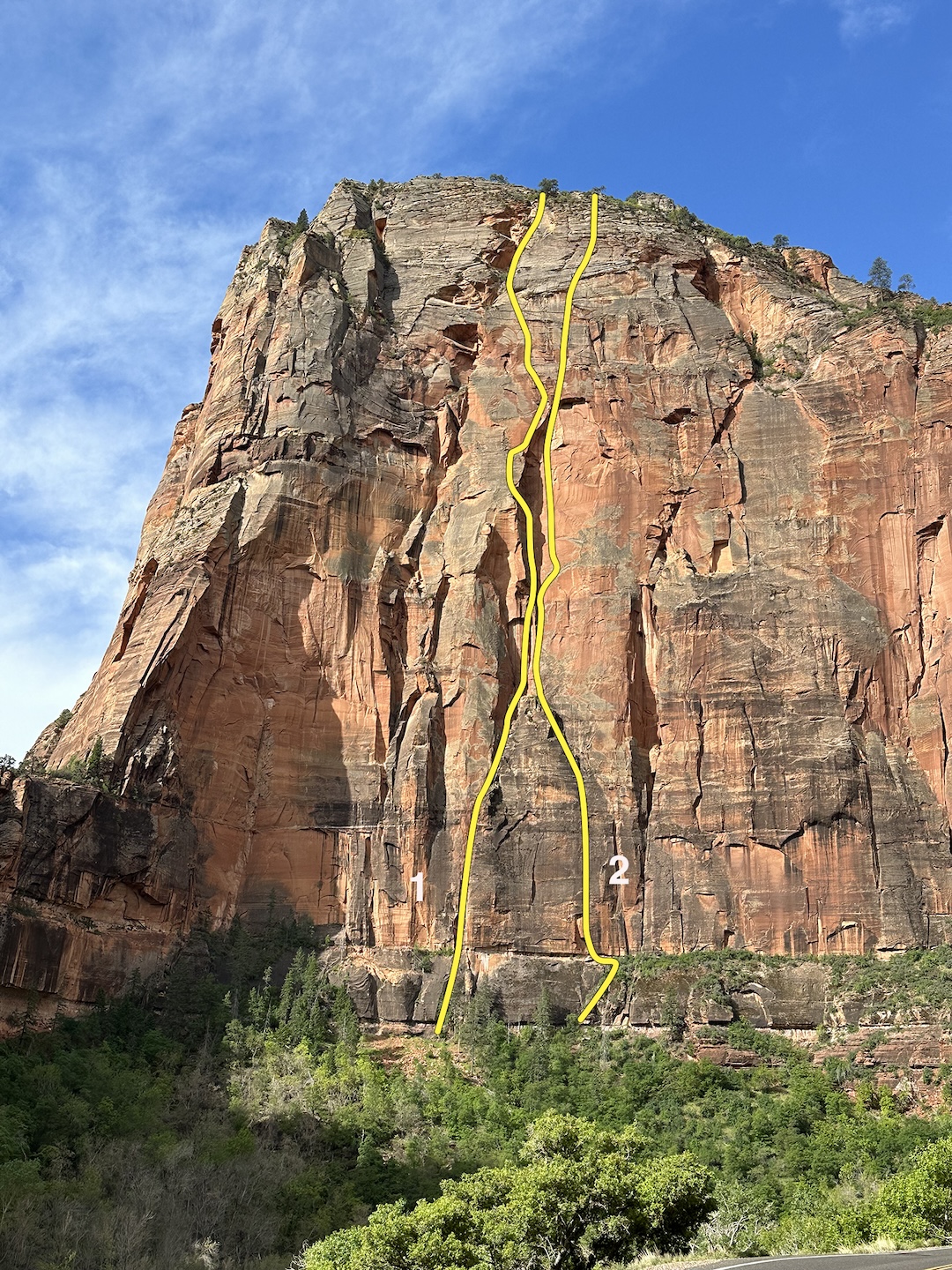 The north face of Angels Landing with (1) Lowe Route (Bryan-Lowe, 1970), the first route up the face, and (2) Civil Disobedience, completed in 2024. Other routes not shown. 