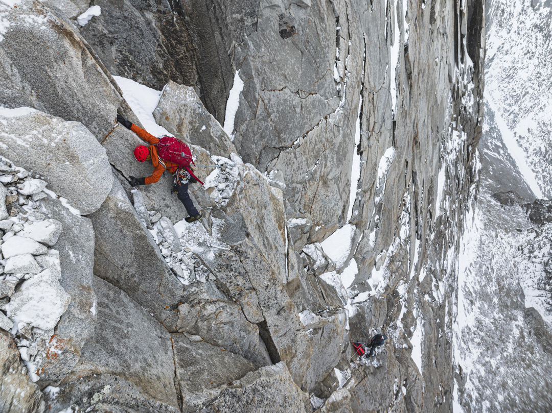 Climbing the second tower on the west ridge of Sachban Sar during the third day of the attempt. 