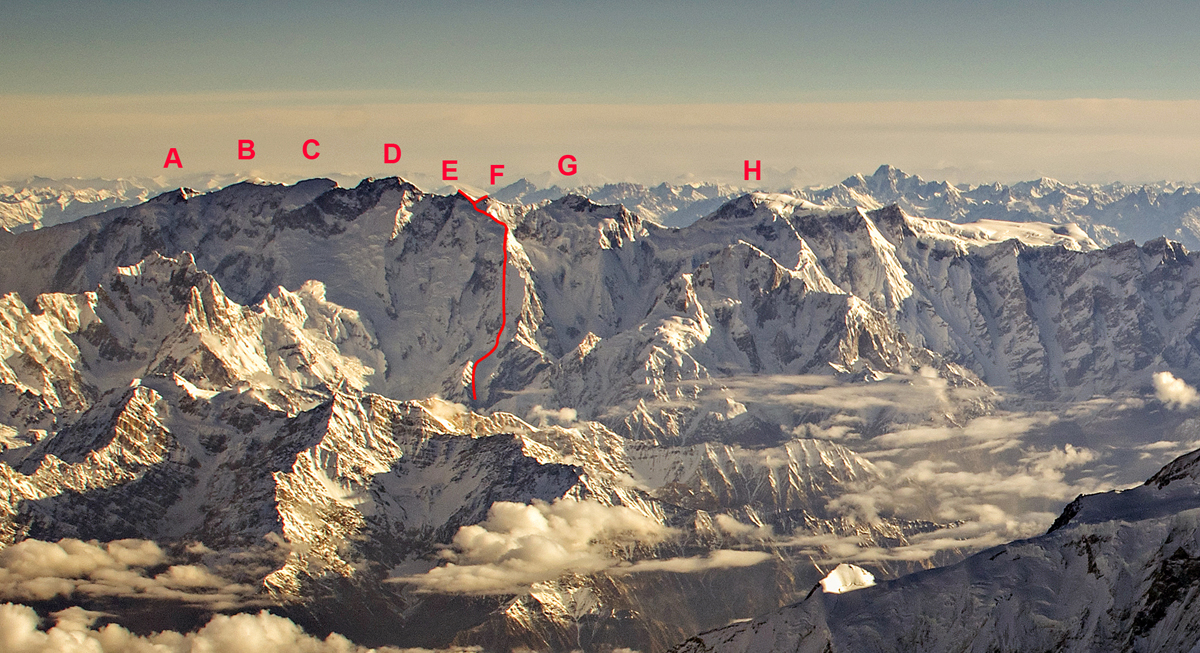 The south side of the Batura Wall. (A) Batura IV (7,594m). (B) Batura III (7,729m). (C) Batura II (7,762m). (D) Batura I (7,785m). (E) Batura V (7,531m). (F) Batura VI (7,462). (G) Muchu Chhish (7,453). (H) Passu Sar (7,478m). The approximate line followed by Bansky, Groh, and Hák in 2024, up the south spur, is marked, generally following the route of the 1983 Polish-German expedition. Once on the main ridge, the Czechs followed it east to the summit of Muchu Chhish (G).  
