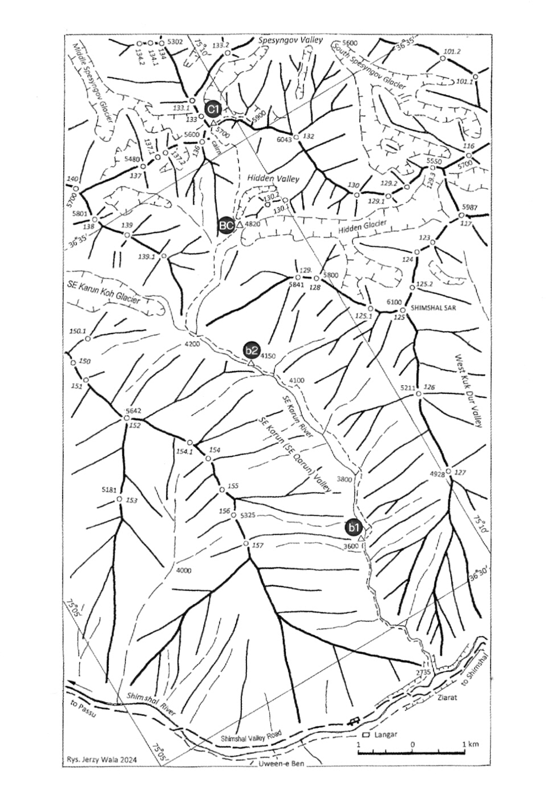 Sketch map showing the route followed toward Peak 132 by a winter expedition in January 2024. 
