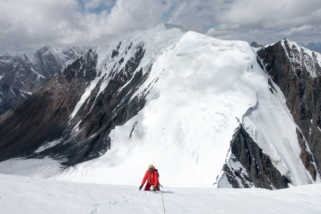 Murilo Lessa approaching the summit of Yazpurs Sar, with unclimbed Dih Sar behind.  