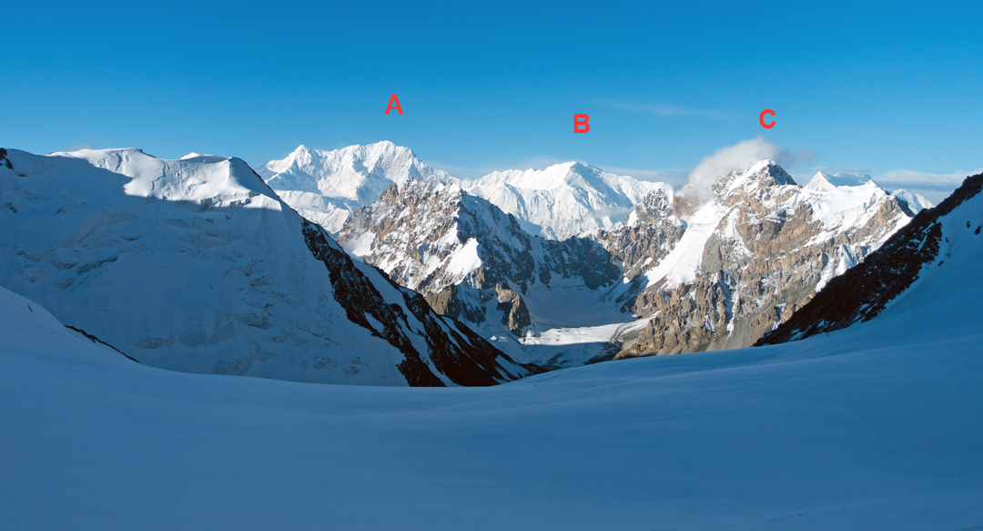 Looking southwest from Yazpurs Col to (A) Distaghil Sar, (B) Malangutti Sar, and (C) Kuk Sar, with its summit in cloud. 