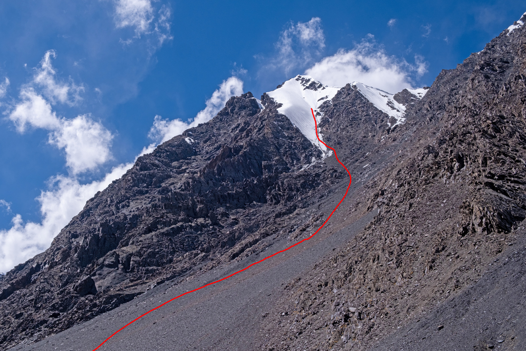 Peak 6,050m from the Shalghagin Glacier to the northeast and the 2024 route of attempt. 